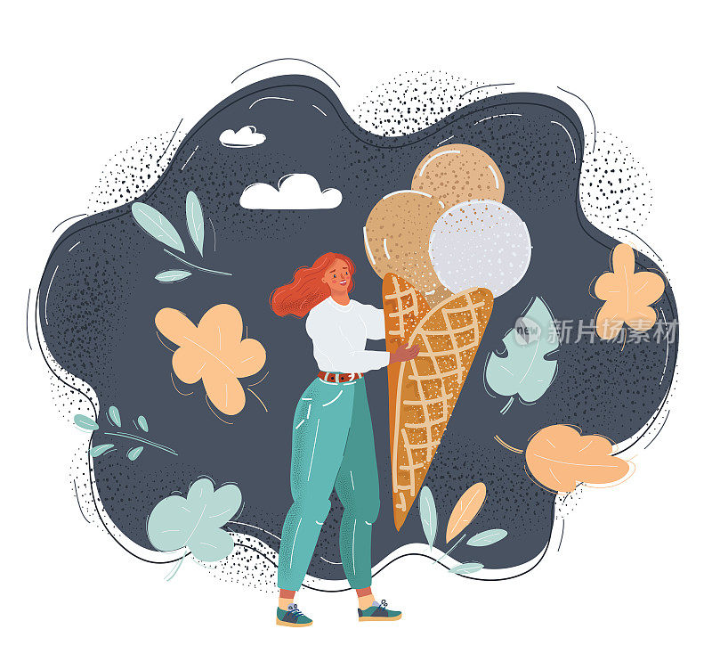 Vector illustration of woman eating ice cream cones on dark background.